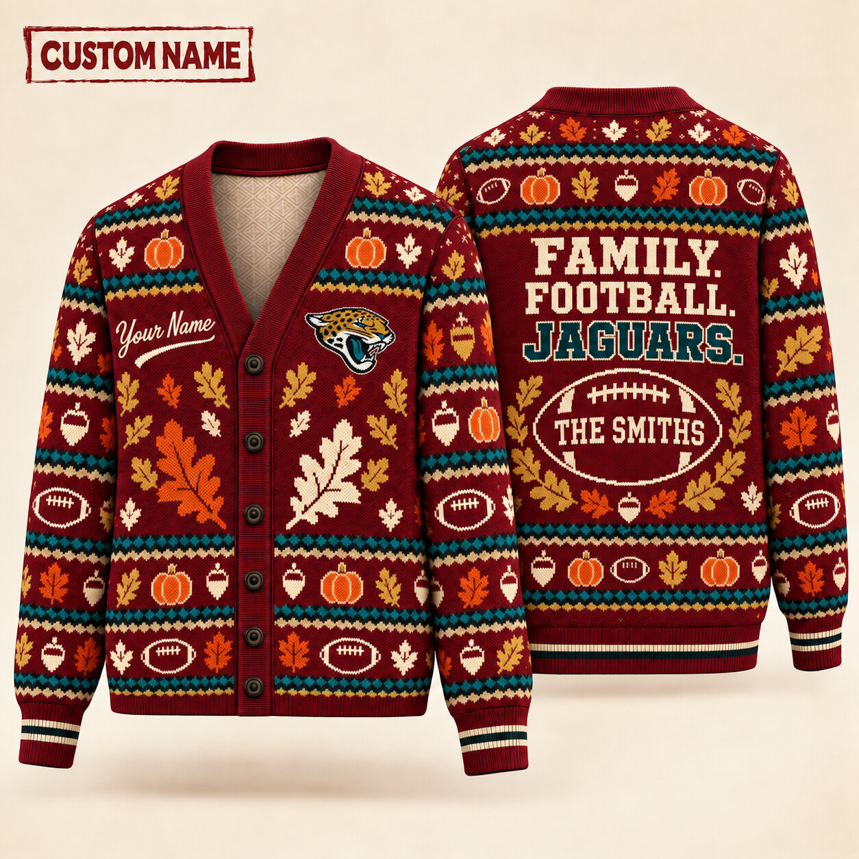 Jacksonville Jaguars Thanksgiving Family Football Knit Cardigan Custom Name PZM63S