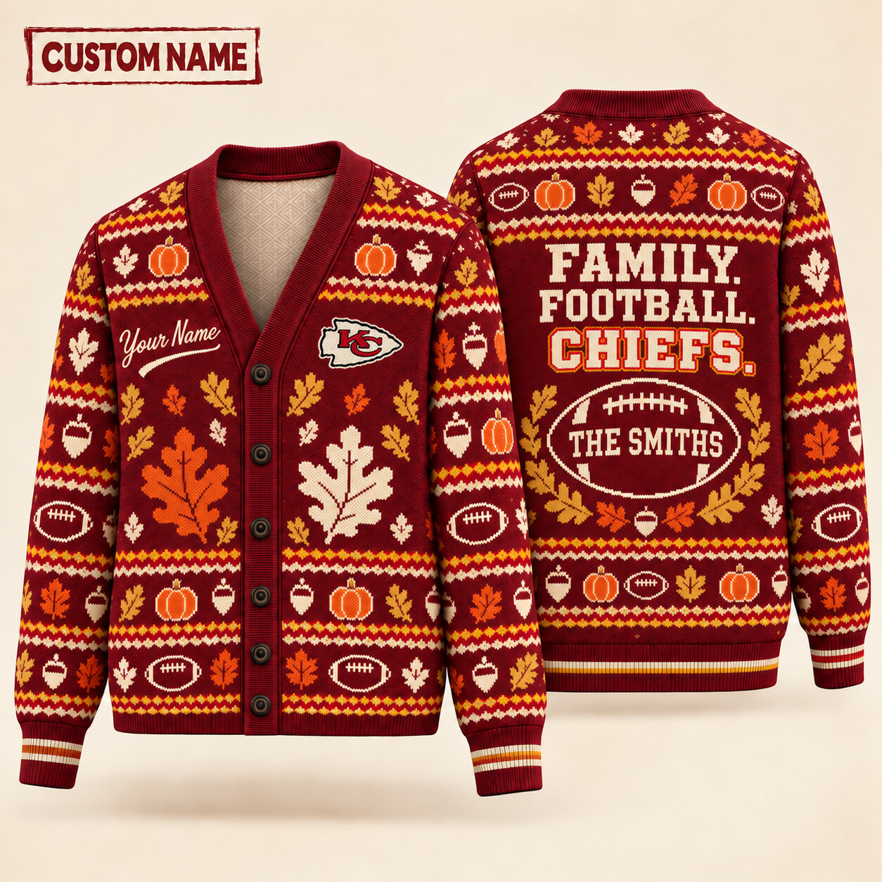 Kansas City Chiefs Thanksgiving Family Football Knit Cardigan Custom Name PJRJTI