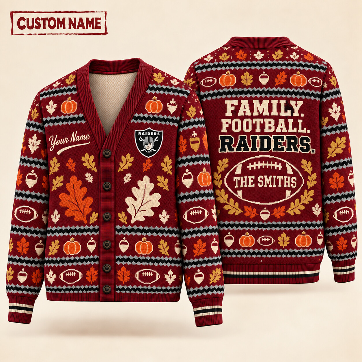 Las Vegas Raiders Thanksgiving Family Football Knit Cardigan Custom Name PHA47J