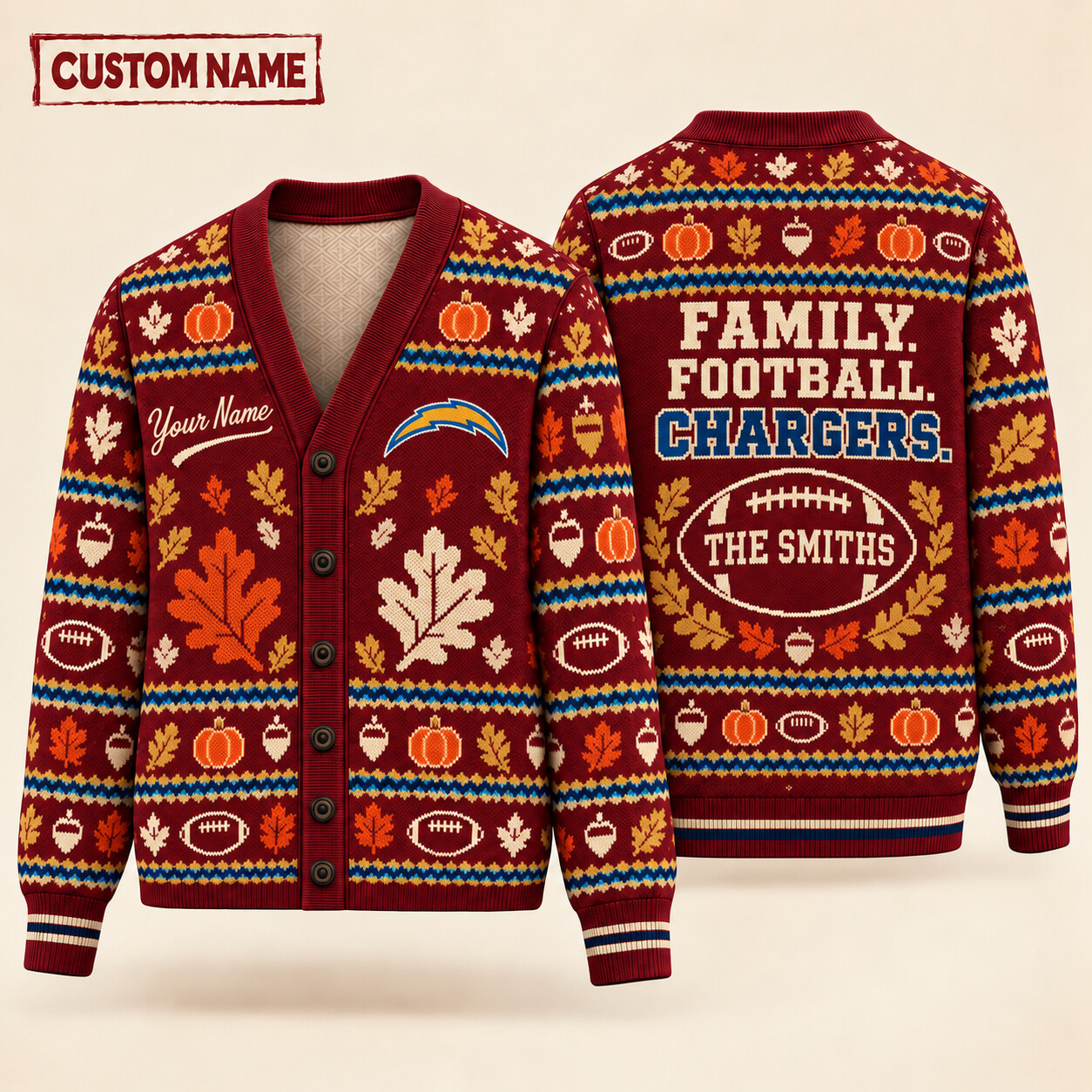 Los Angeles Chargers Thanksgiving Family Football Knit Cardigan Custom Name P8KUW0