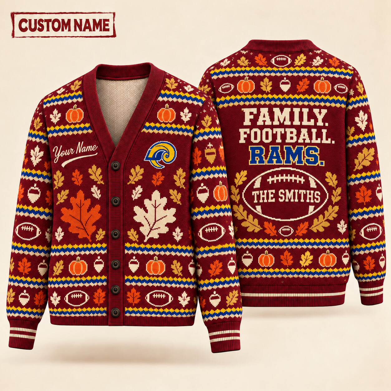 Los Angeles Rams Thanksgiving Family Football Knit Cardigan Custom Name PM85PT