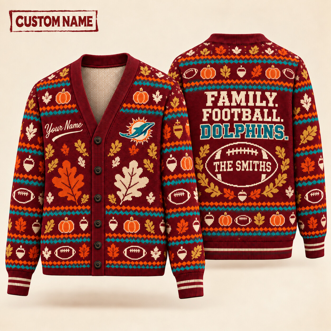 Miami Dolphins Thanksgiving Family Football Knit Cardigan Custom Name PUSETM