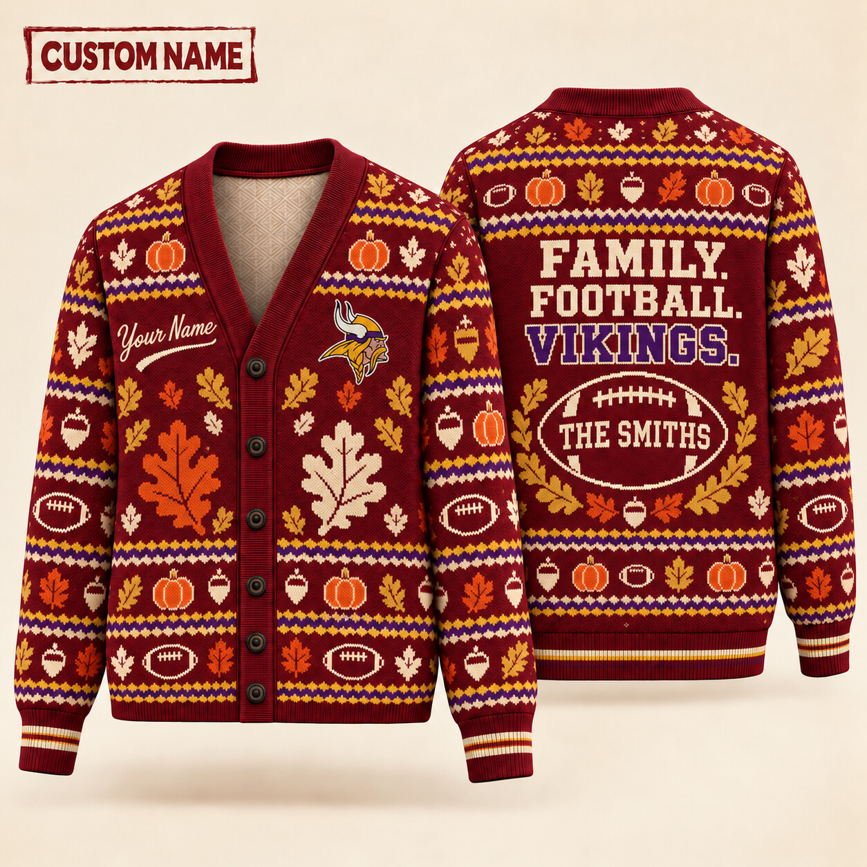 Minnesota Vikings Thanksgiving Family Football Knit Cardigan Custom Name P1FQH2