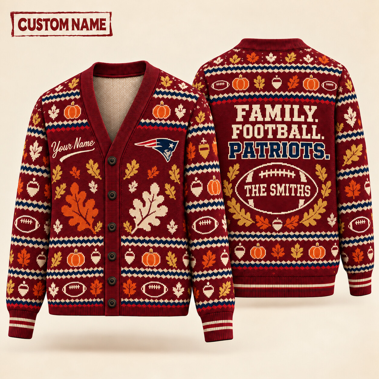 New England Patriots Thanksgiving Family Football Knit Cardigan Custom Name PDHST0