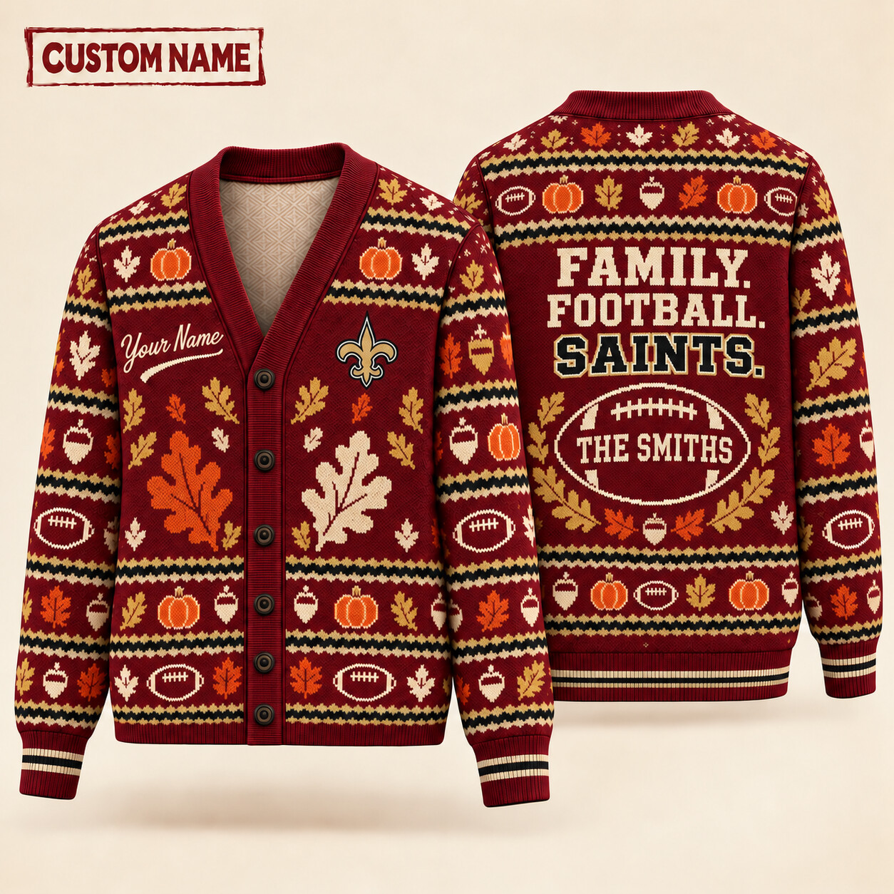 New Orleans Saints Thanksgiving Family Football Knit Cardigan Custom Name P7YY92