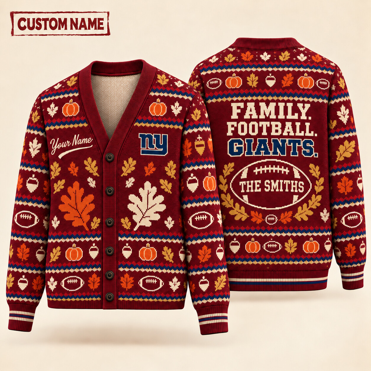 New York Giants Thanksgiving Family Football Knit Cardigan Custom Name PW2URM