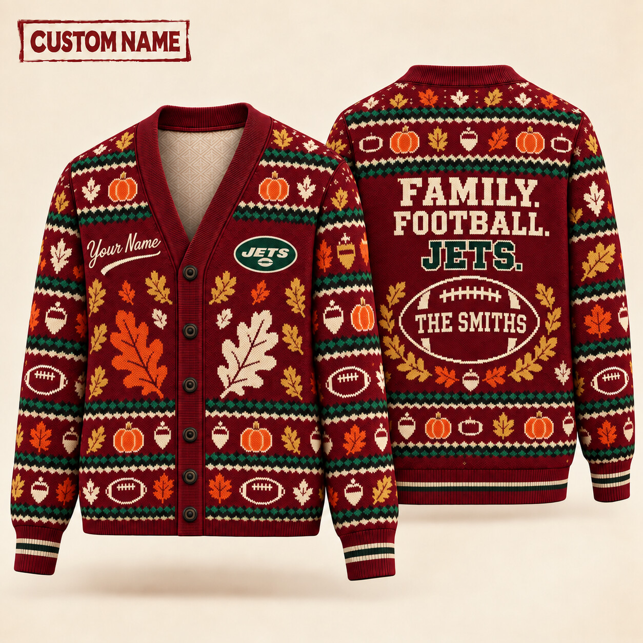 New York Jets Thanksgiving Family Football Knit Cardigan Custom Name PD51TI
