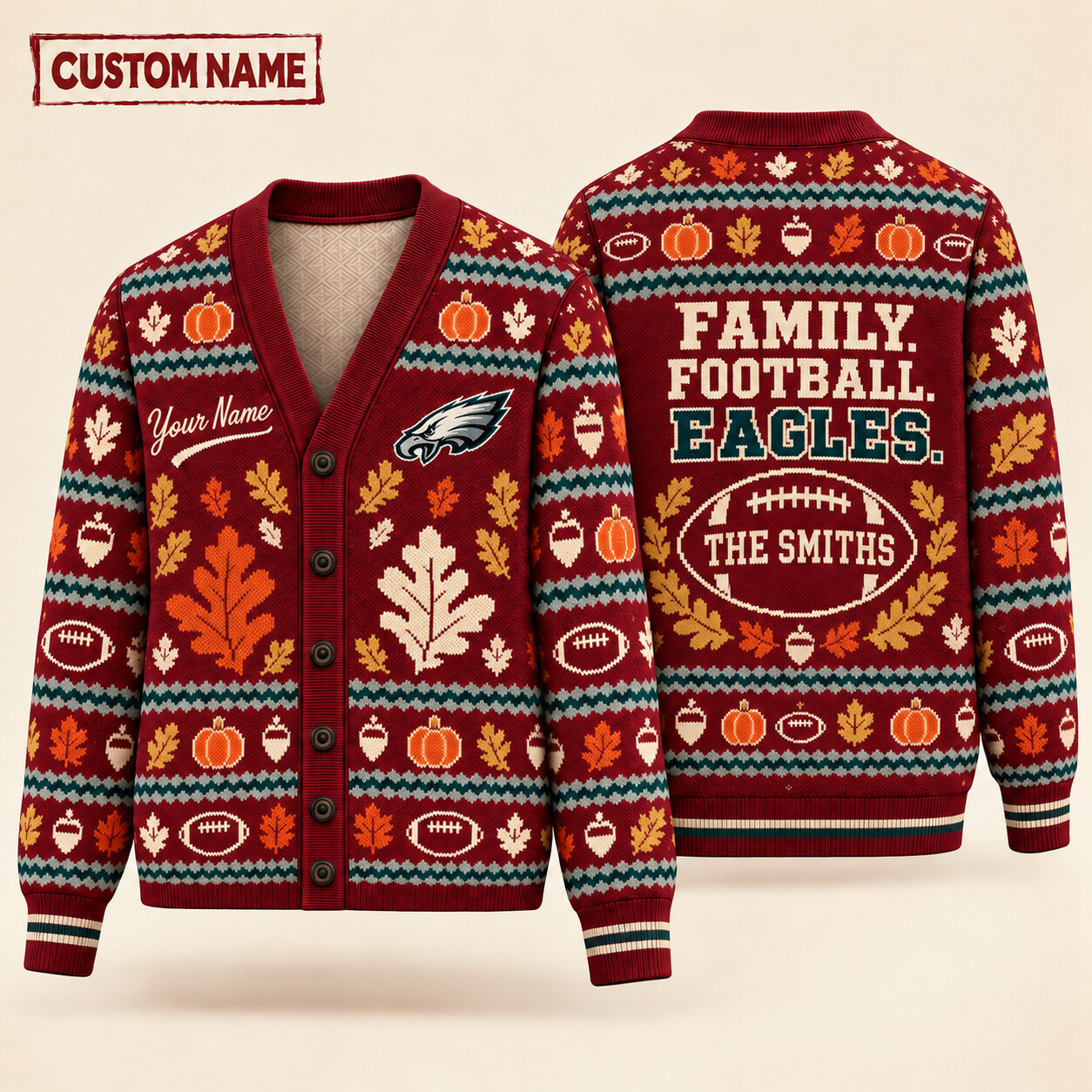 Philadelphia Eagles Thanksgiving Family Football Knit Cardigan Custom Name PX3W62