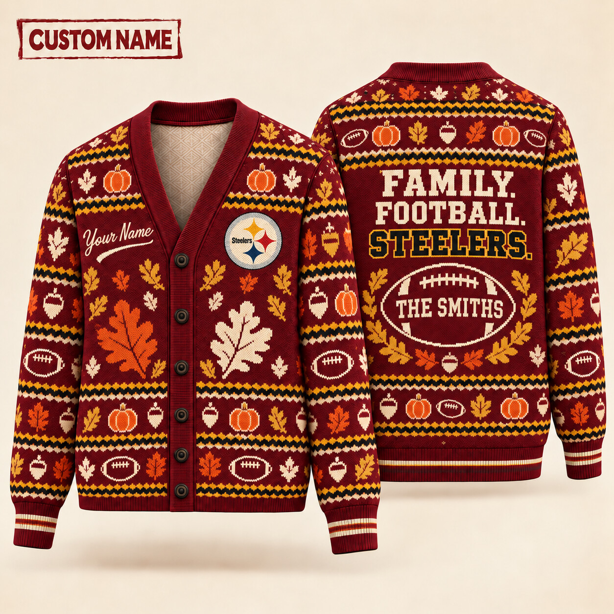 Pittsburgh Steelers Thanksgiving Family Football Knit Cardigan Custom Name P77U5I