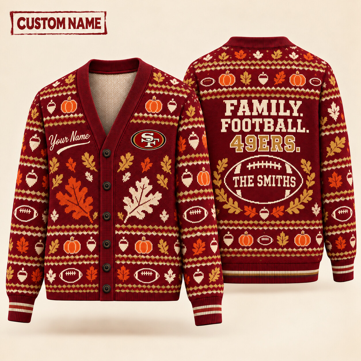 San Francisco 49ers Thanksgiving Family Football Knit Cardigan Custom Name PA7Z5S