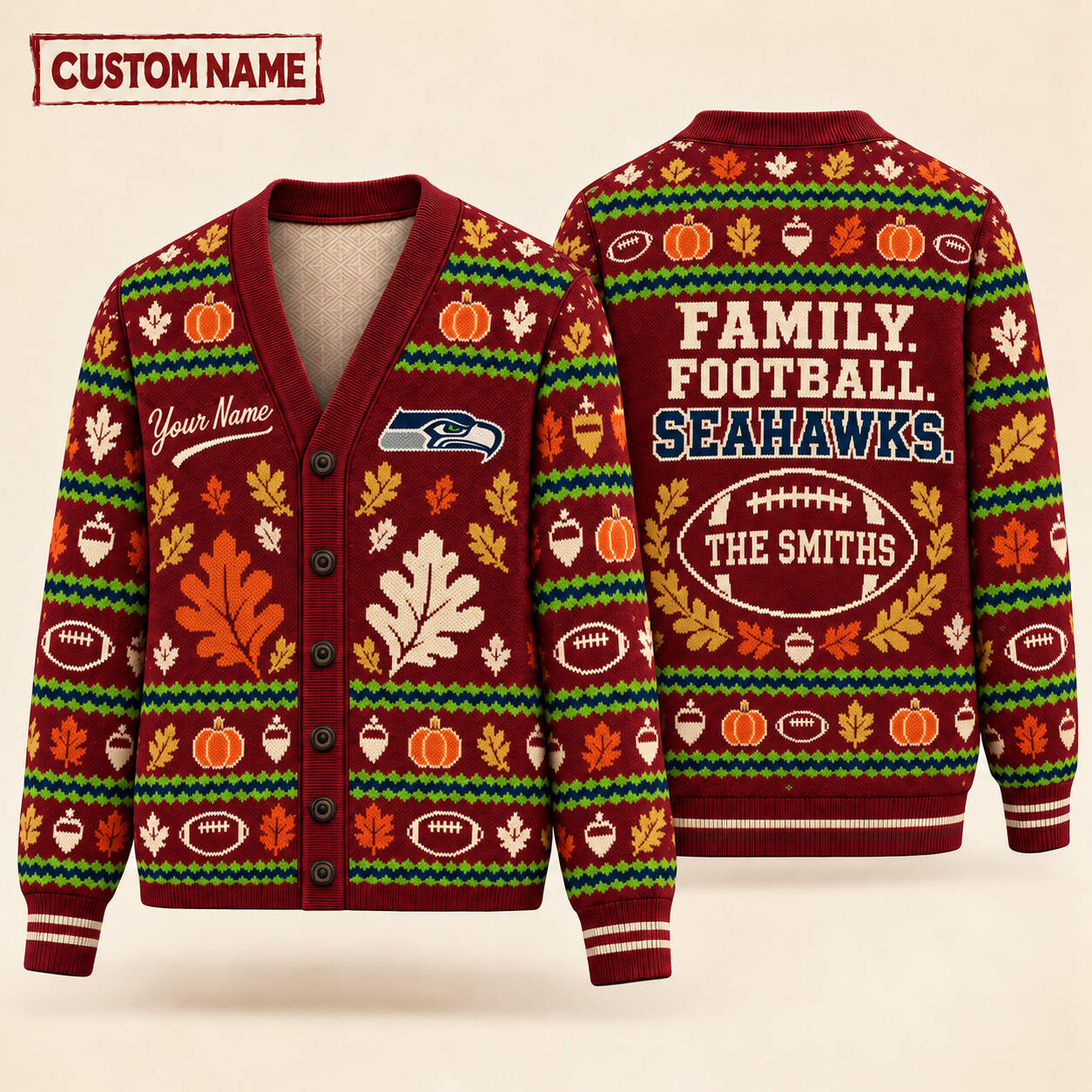 Seattle Seahawks Thanksgiving Family Football Knit Cardigan Custom Name P6OB9J