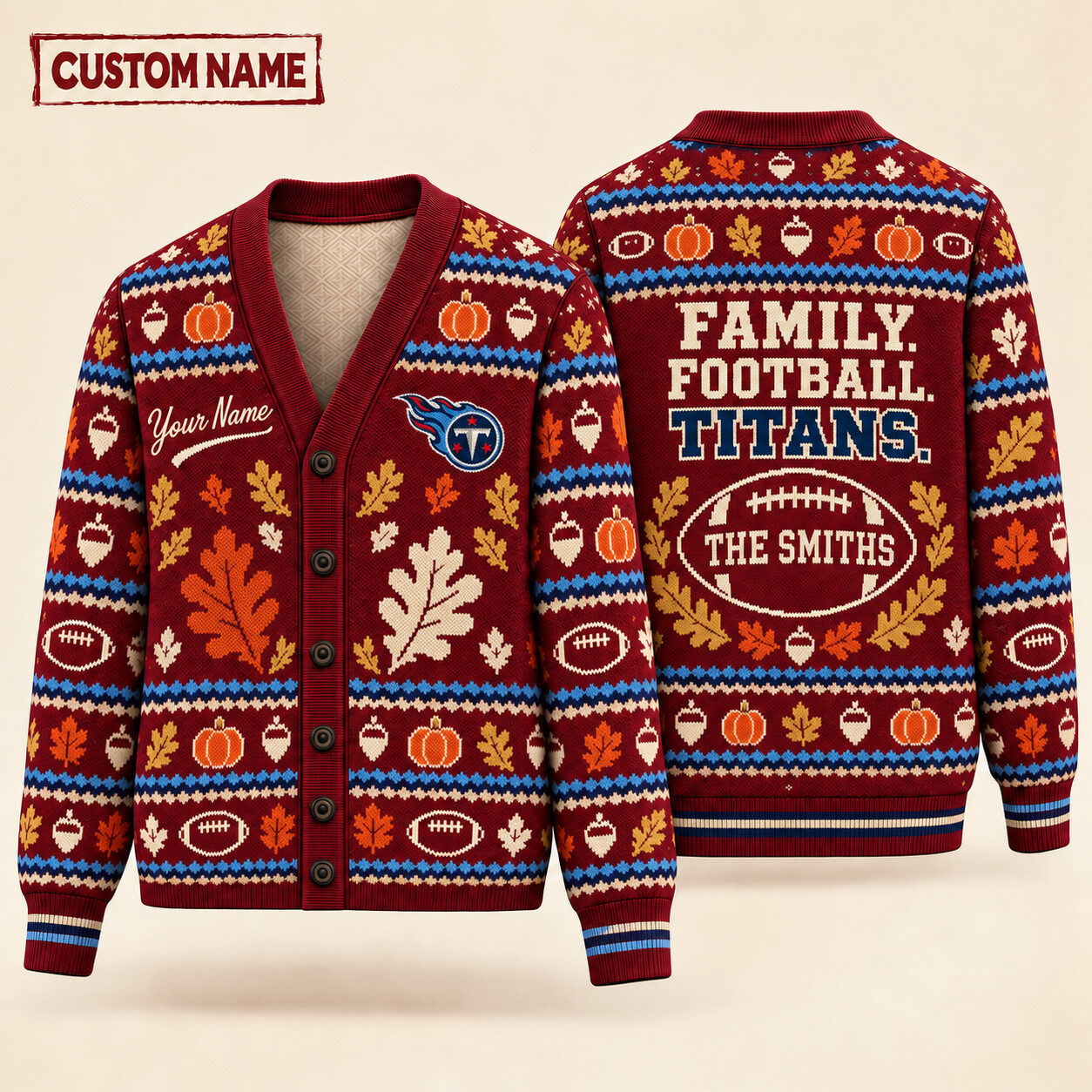 Tennessee Titans Thanksgiving Family Football Knit Cardigan Custom Name PBFKHI