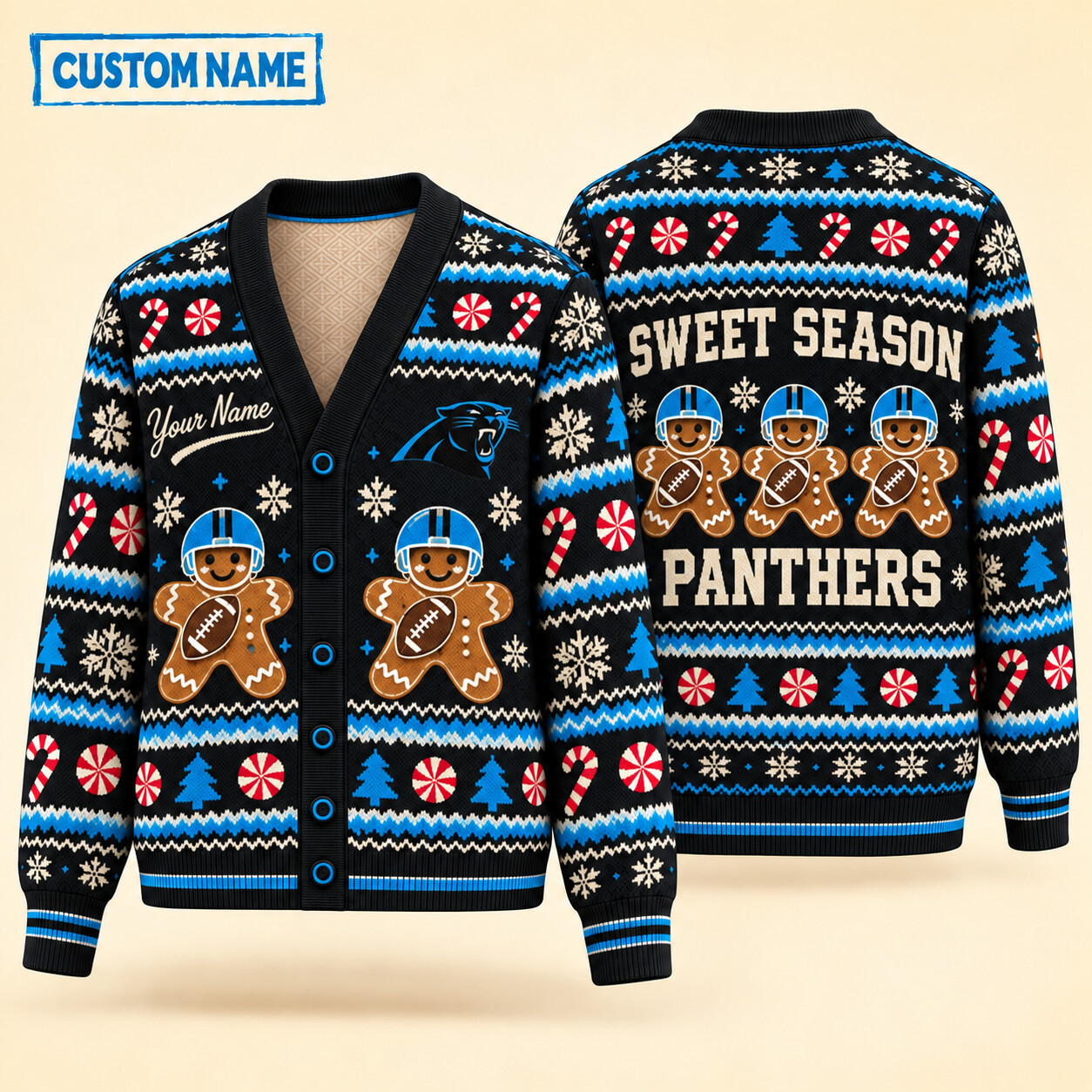 Carolina Panthers Sweet Season Christmas Knit Cardigan Custom Name PAG1FB