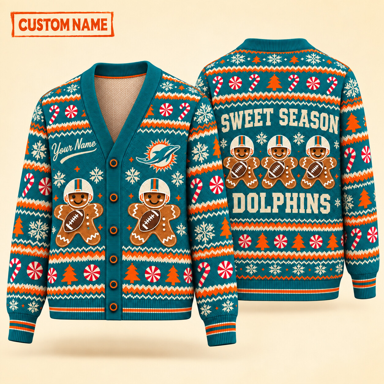 Miami Dolphins Sweet Season Christmas Knit Cardigan Custom Name PF6155