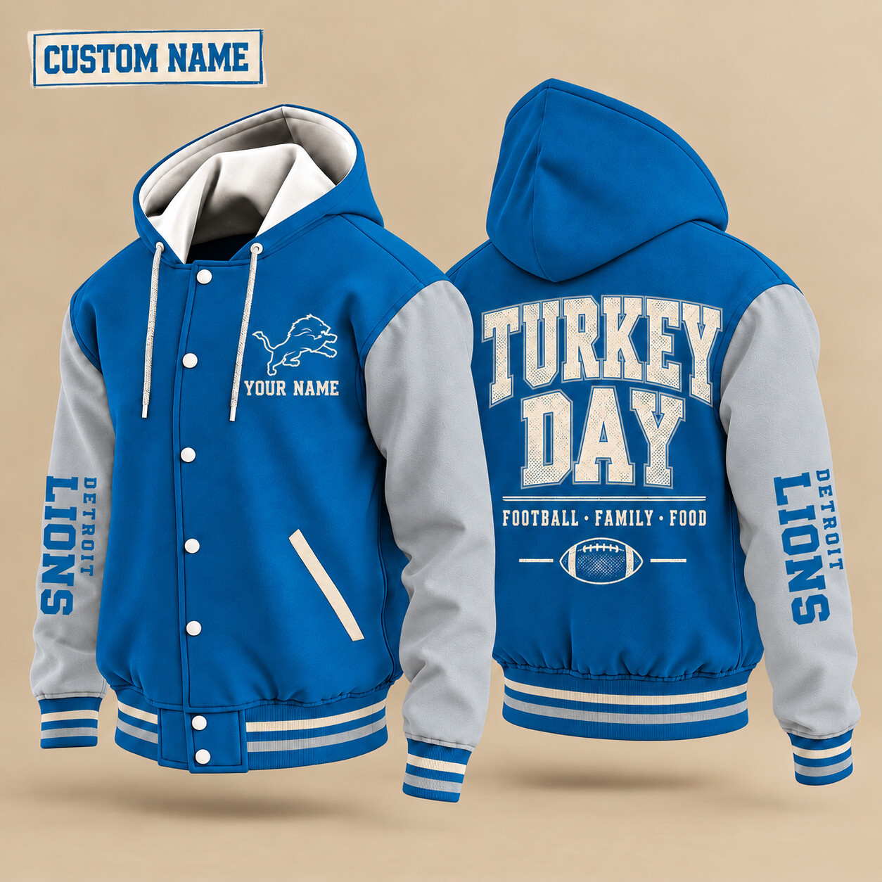 Detroit Lions Turkey Day Thanksgiving Hooded Letterman Jacket Custom Name PESBCW
