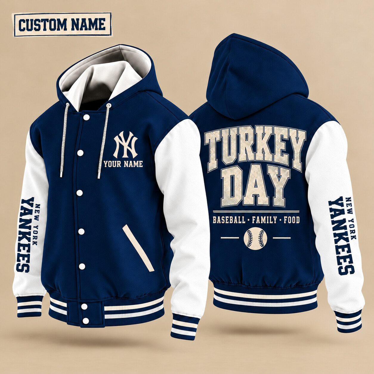 New York Yankees Turkey Day Thanksgiving Hooded Letterman Jacket Custom Name PFTK08