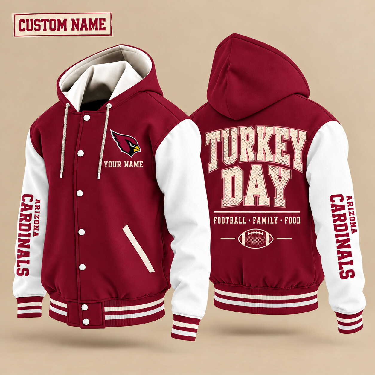 Arizona Cardinals Turkey Day Thanksgiving Hooded Letterman Jacket Custom Name PCAVXG