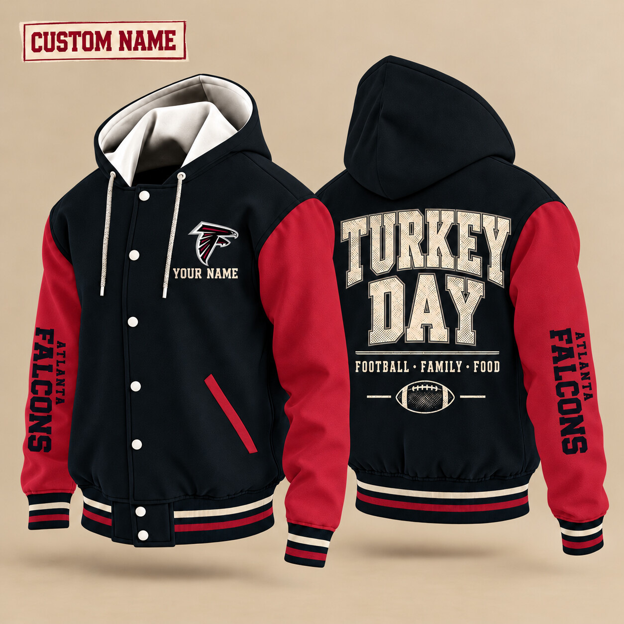Atlanta Falcons Turkey Day Thanksgiving Hooded Letterman Jacket Custom Name PH0YG5