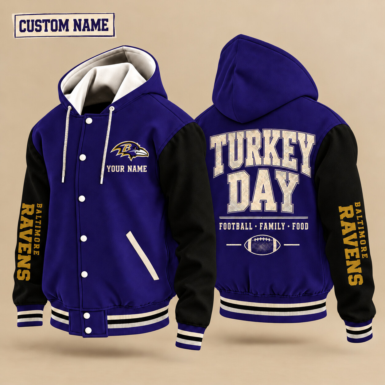 Baltimore Ravens Turkey Day Thanksgiving Hooded Letterman Jacket Custom Name PITL6M