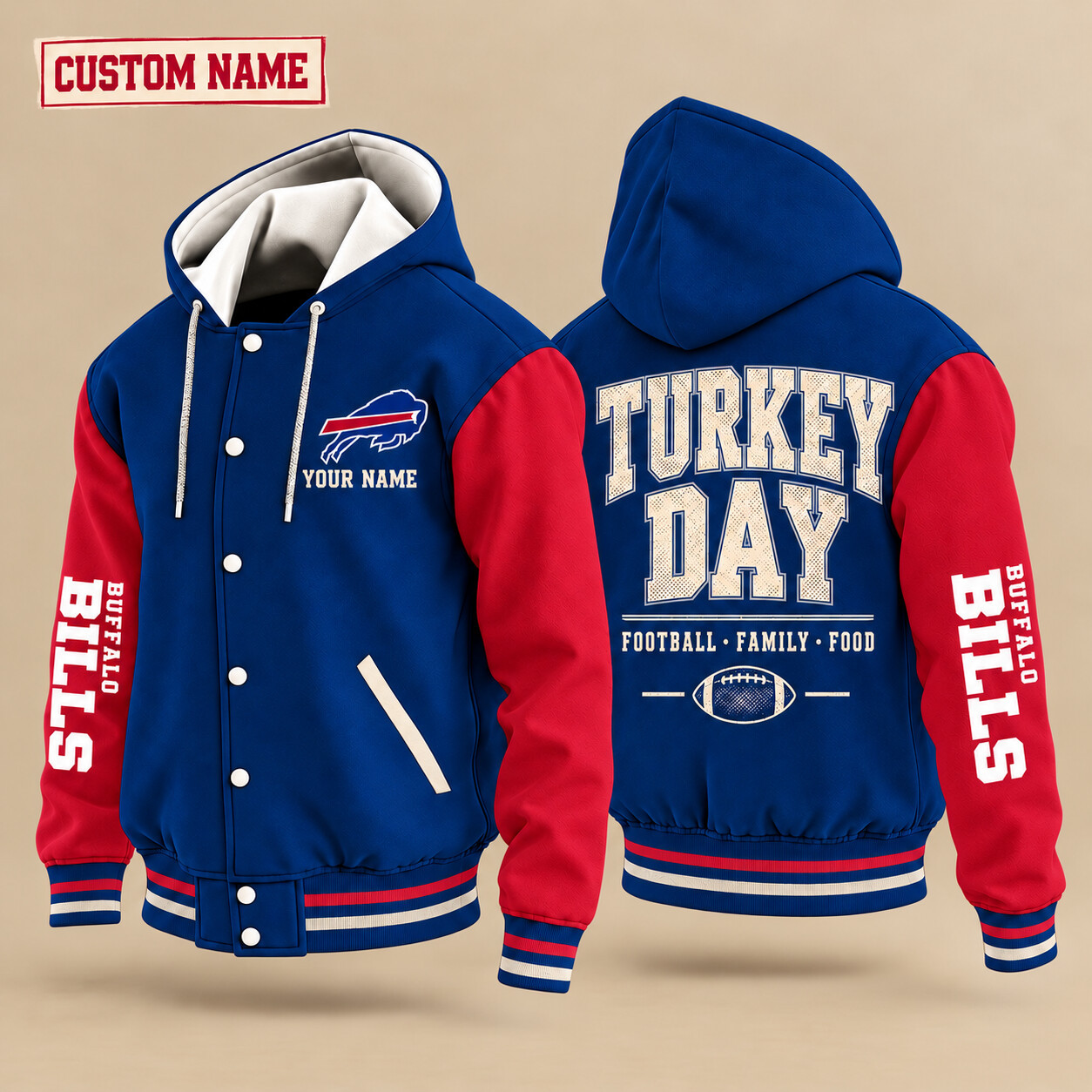 Buffalo Bills Turkey Day Thanksgiving Hooded Letterman Jacket Custom Name PST15B