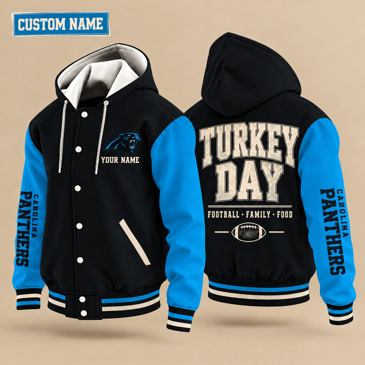 Carolina Panthers Turkey Day Thanksgiving Hooded Letterman Jacket Custom Name PKQDRP