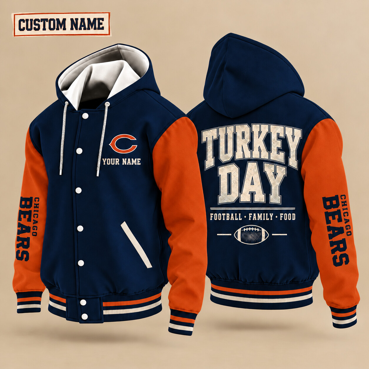 Chicago Bears Turkey Day Thanksgiving Hooded Letterman Jacket Custom Name PZABHZ
