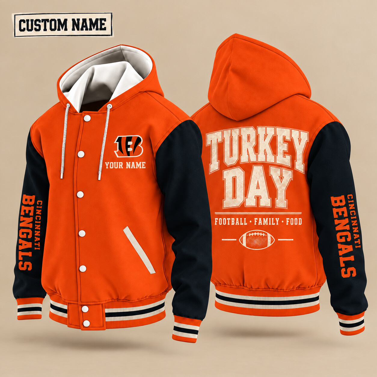 Cincinnati Bengals Turkey Day Thanksgiving Hooded Letterman Jacket Custom Name P82JP0