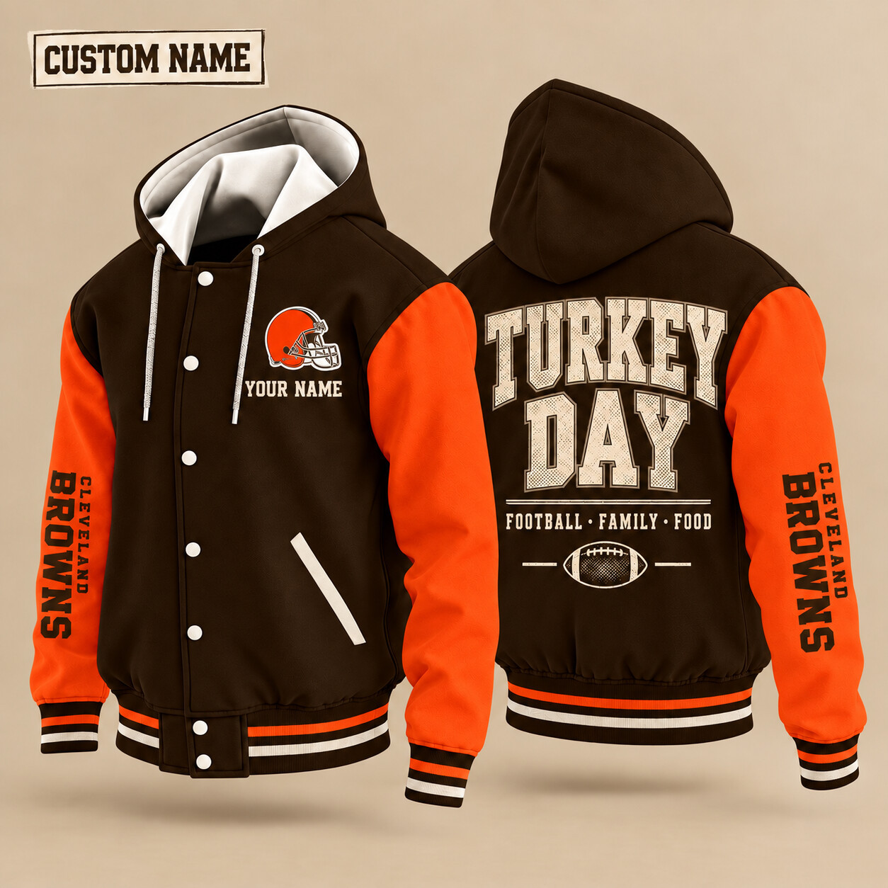 Cleveland Browns Turkey Day Thanksgiving Hooded Letterman Jacket Custom Name P3EFK1