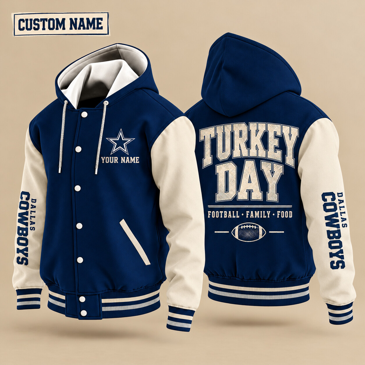 Dallas Cowboys Turkey Day Thanksgiving Hooded Letterman Jacket Custom Name P9KW79