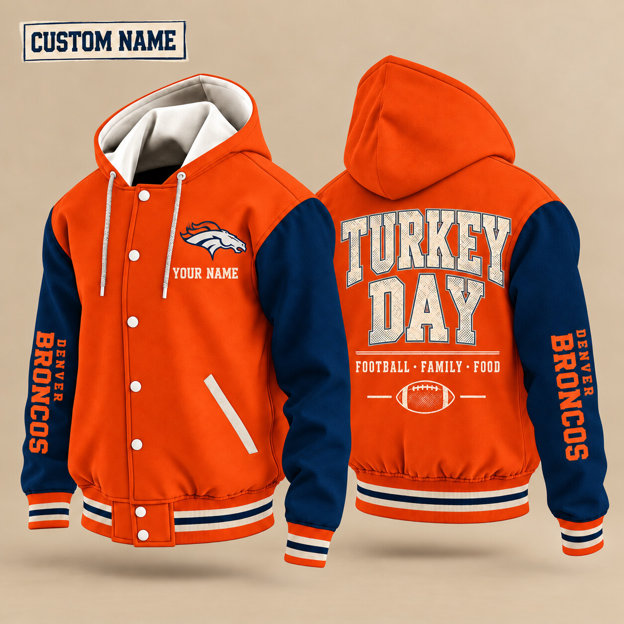 Denver Broncos Turkey Day Thanksgiving Hooded Letterman Jacket Custom Name PF1IVV
