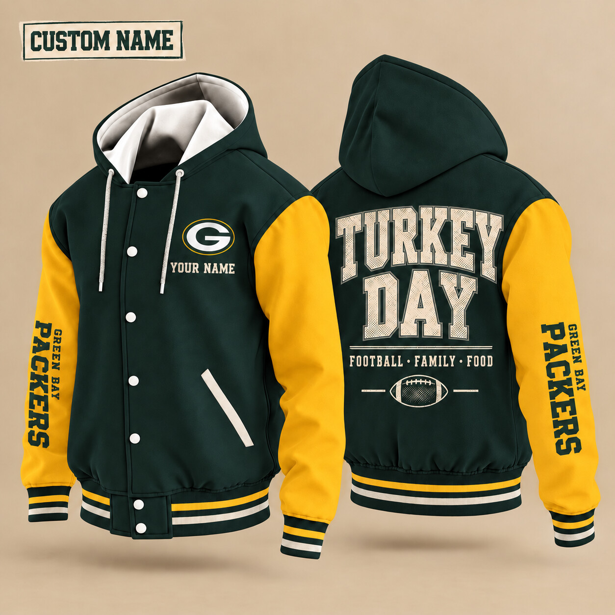 Green Bay Packers Turkey Day Thanksgiving Hooded Letterman Jacket Custom Name PW46QR