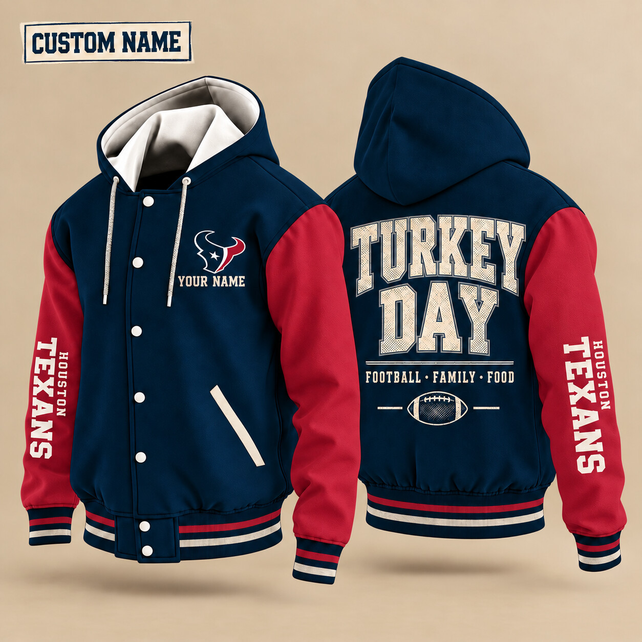 Houston Texans Turkey Day Thanksgiving Hooded Letterman Jacket Custom Name PVLVZ7