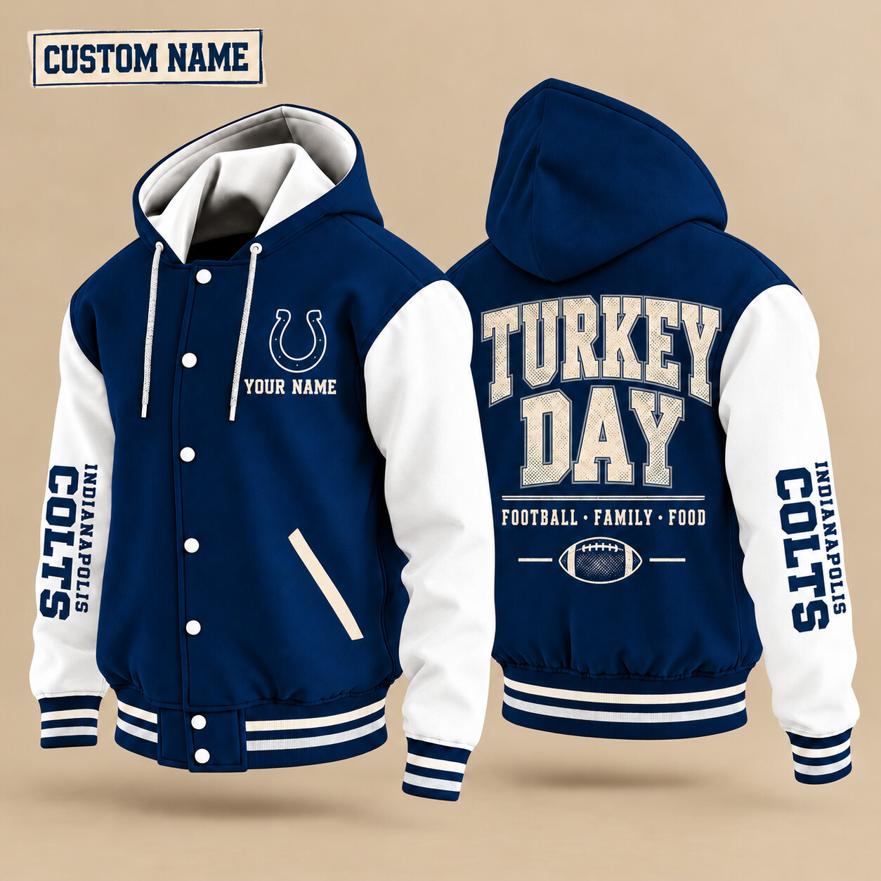 Indianapolis Colts Turkey Day Thanksgiving Hooded Letterman Jacket Custom Name PCCNCO