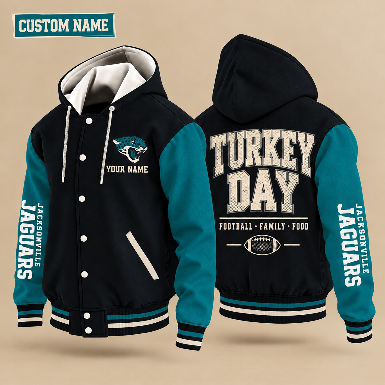 Jacksonville Jaguars Turkey Day Thanksgiving Hooded Letterman Jacket Custom Name PXUP4W