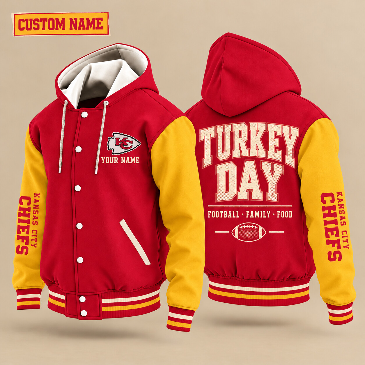Kansas City Chiefs Turkey Day Thanksgiving Hooded Letterman Jacket Custom Name PU6TWK