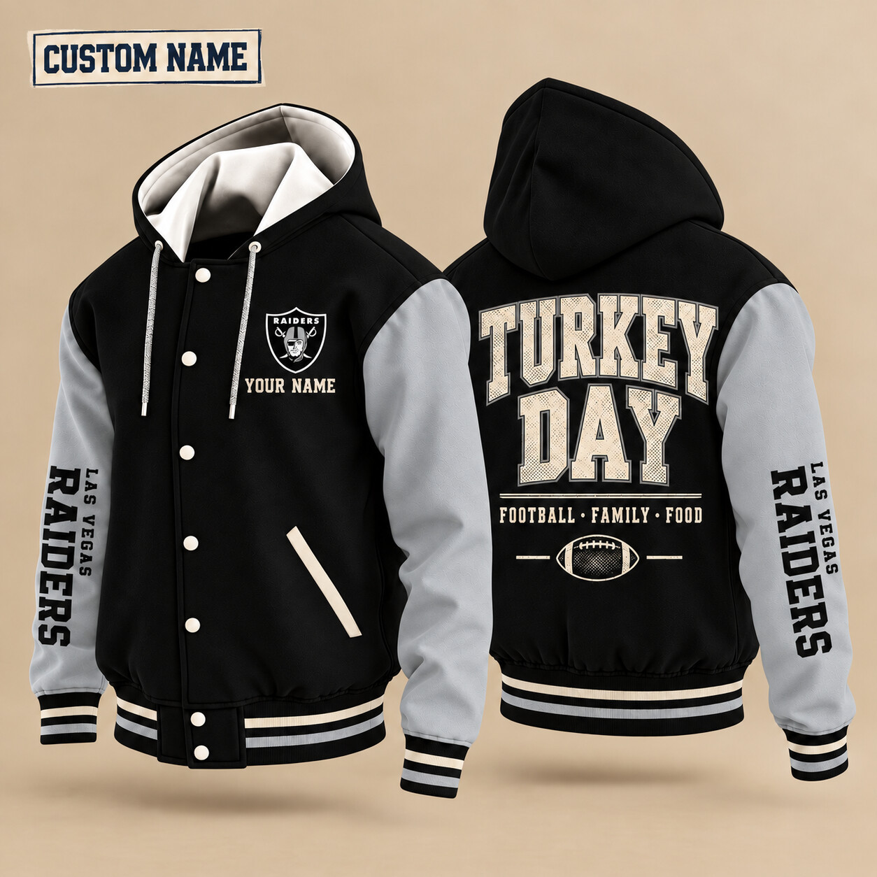 Las Vegas Raiders Turkey Day Thanksgiving Hooded Letterman Jacket Custom Name POH1HD