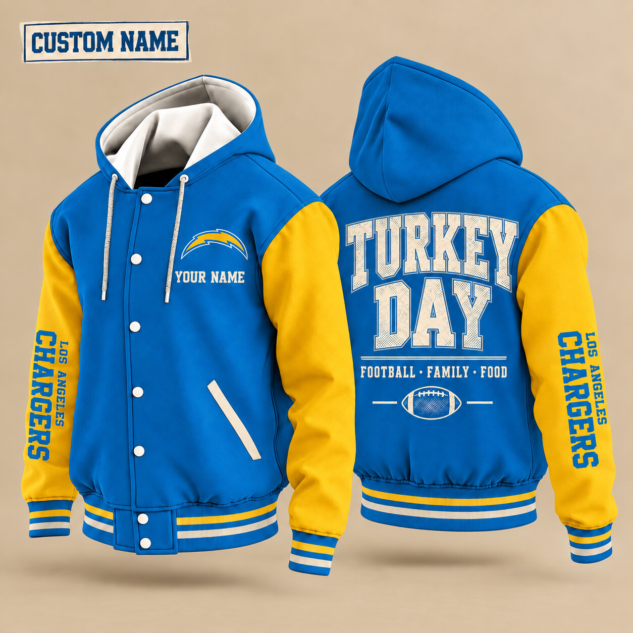 Los Angeles Chargers Turkey Day Thanksgiving Hooded Letterman Jacket Custom Name PGRH5H