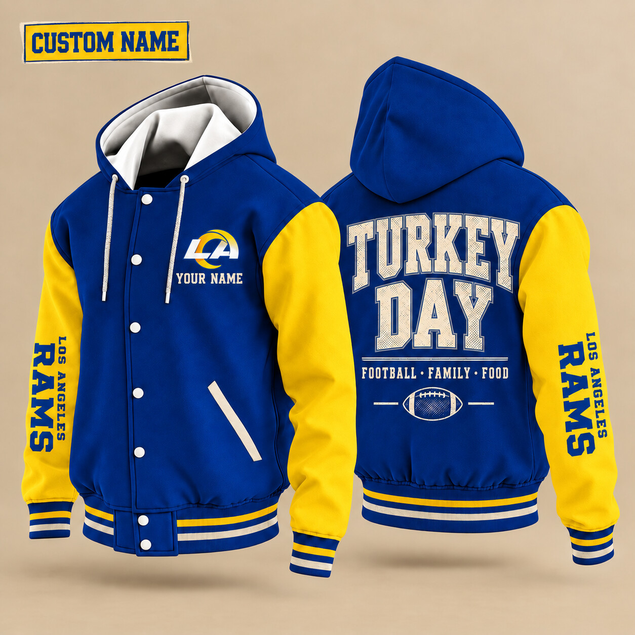 Los Angeles Rams Turkey Day Thanksgiving Hooded Letterman Jacket Custom Name PV3YCJ