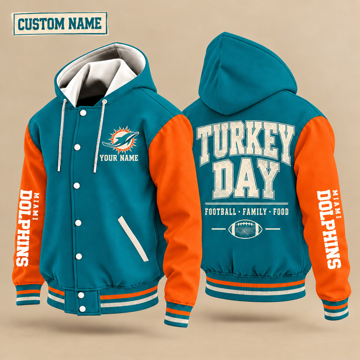 Miami Dolphins Turkey Day Thanksgiving Hooded Letterman Jacket Custom Name PPCPXG
