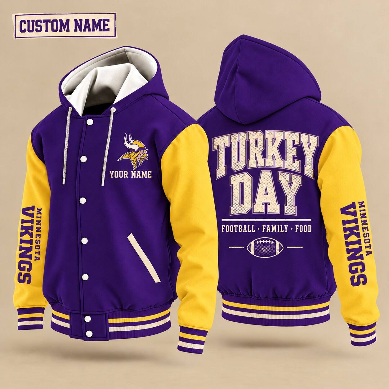 Minnesota Vikings Turkey Day Thanksgiving Hooded Letterman Jacket Custom Name PQIVXB
