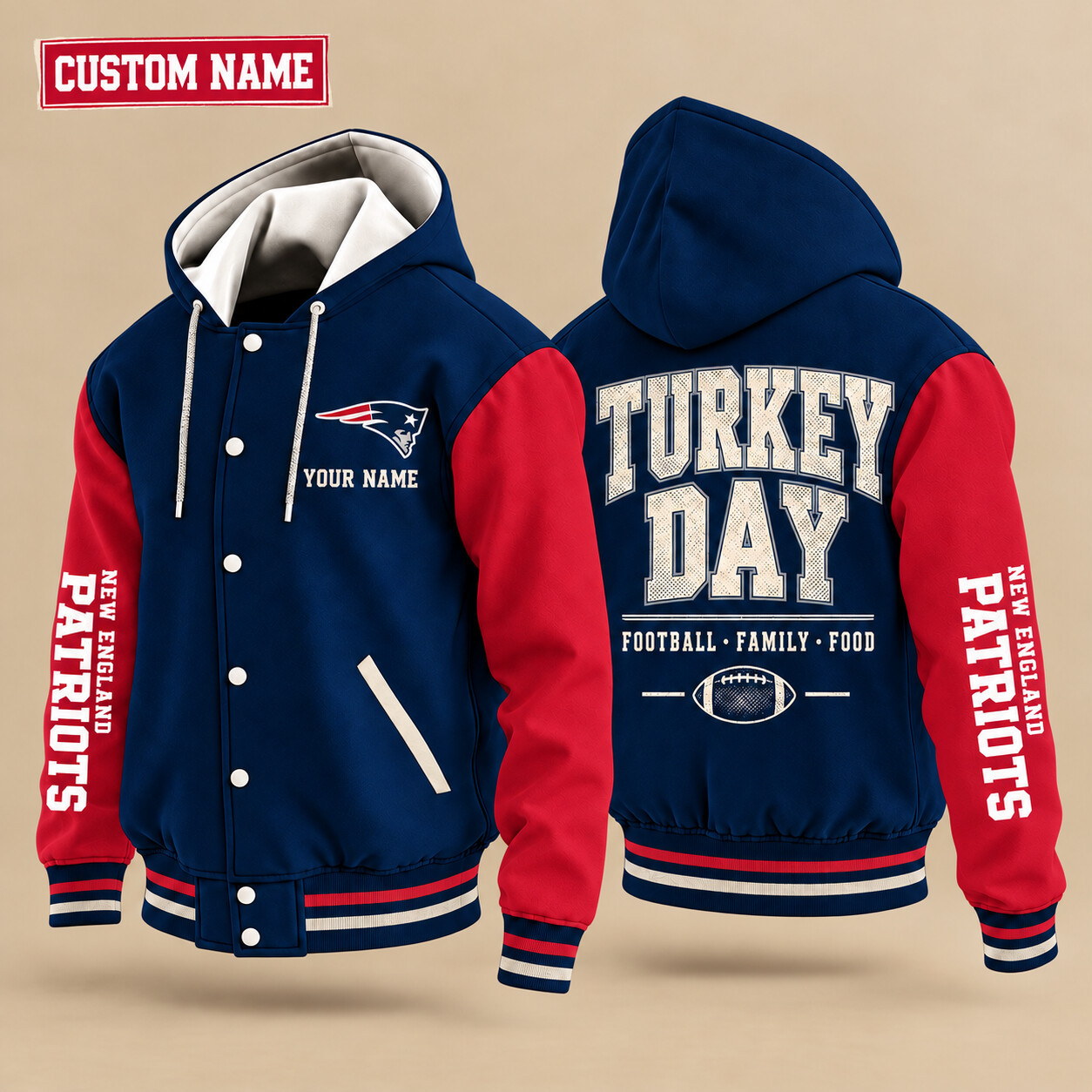 New England Patriots Turkey Day Thanksgiving Hooded Letterman Jacket Custom Name PXLHHO