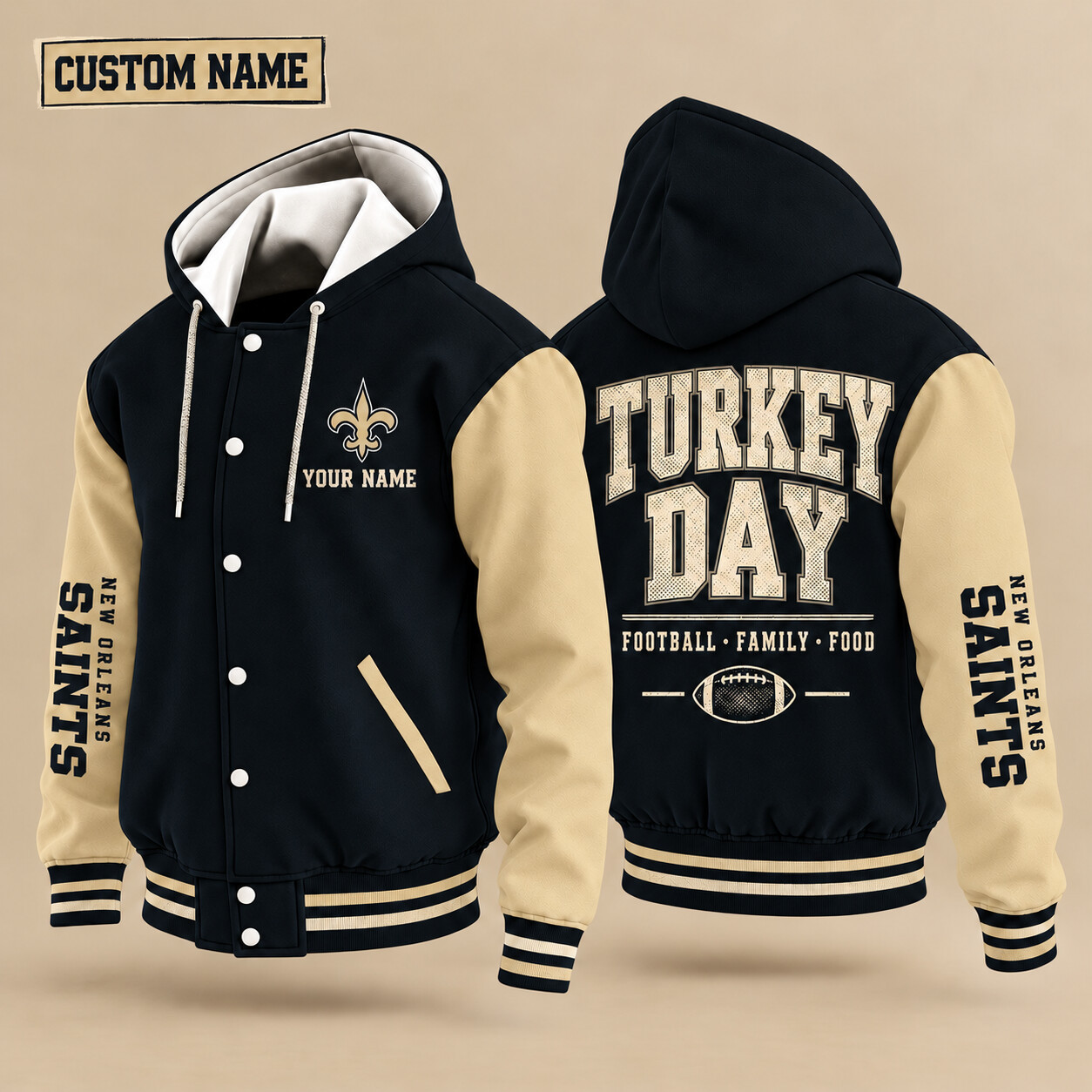 New Orleans Saints Turkey Day Thanksgiving Hooded Letterman Jacket Custom Name P7L9R5