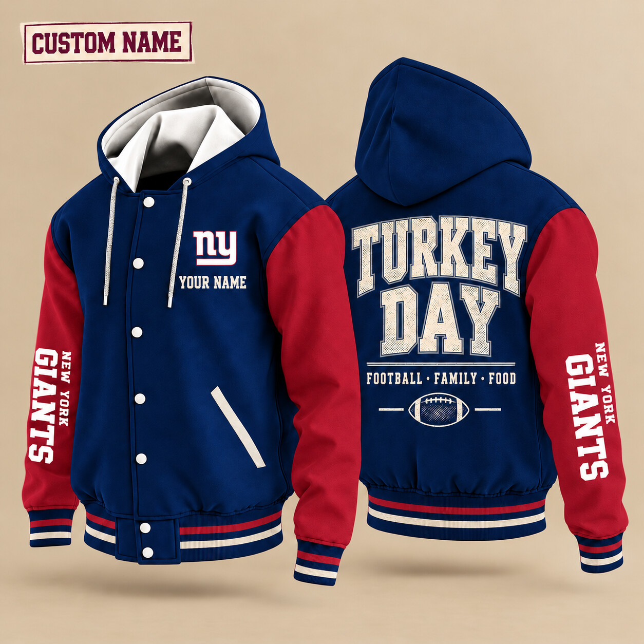 New York Giants Turkey Day Thanksgiving Hooded Letterman Jacket Custom Name PJX0CB
