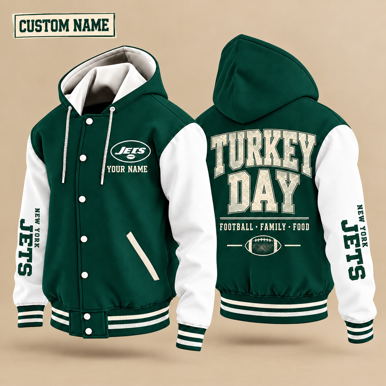 New York Jets Turkey Day Thanksgiving Hooded Letterman Jacket Custom Name PQMWND