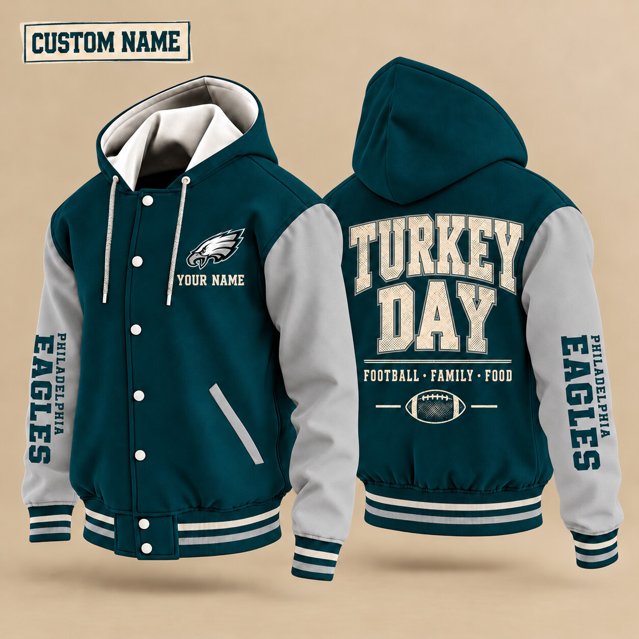 Philadelphia Eagles Turkey Day Thanksgiving Hooded Letterman Jacket Custom Name P9VLRI