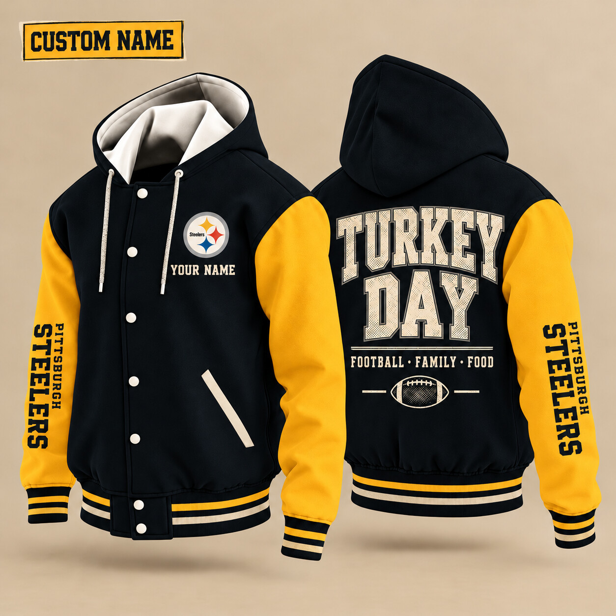 Pittsburgh Steelers Turkey Day Thanksgiving Hooded Letterman Jacket Custom Name P7HO0R