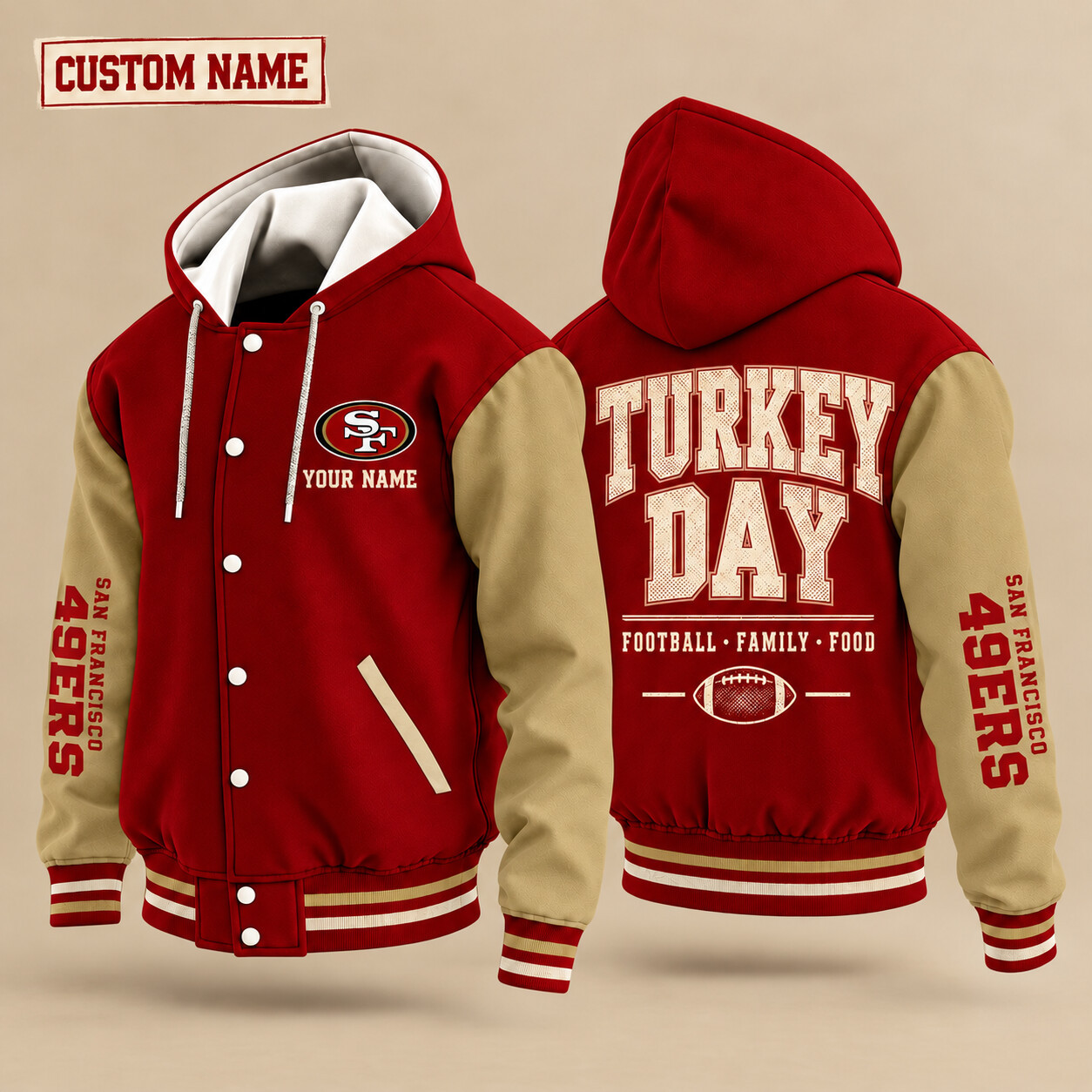 San Francisco 49ers Turkey Day Thanksgiving Hooded Letterman Jacket Custom Name P8X7DS
