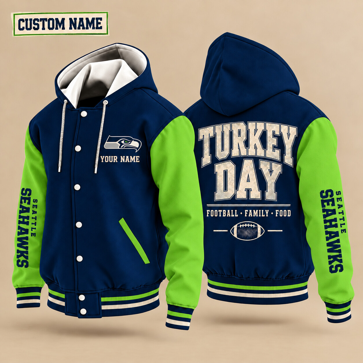 Seattle Seahawks Turkey Day Thanksgiving Hooded Letterman Jacket Custom Name P4PBD9