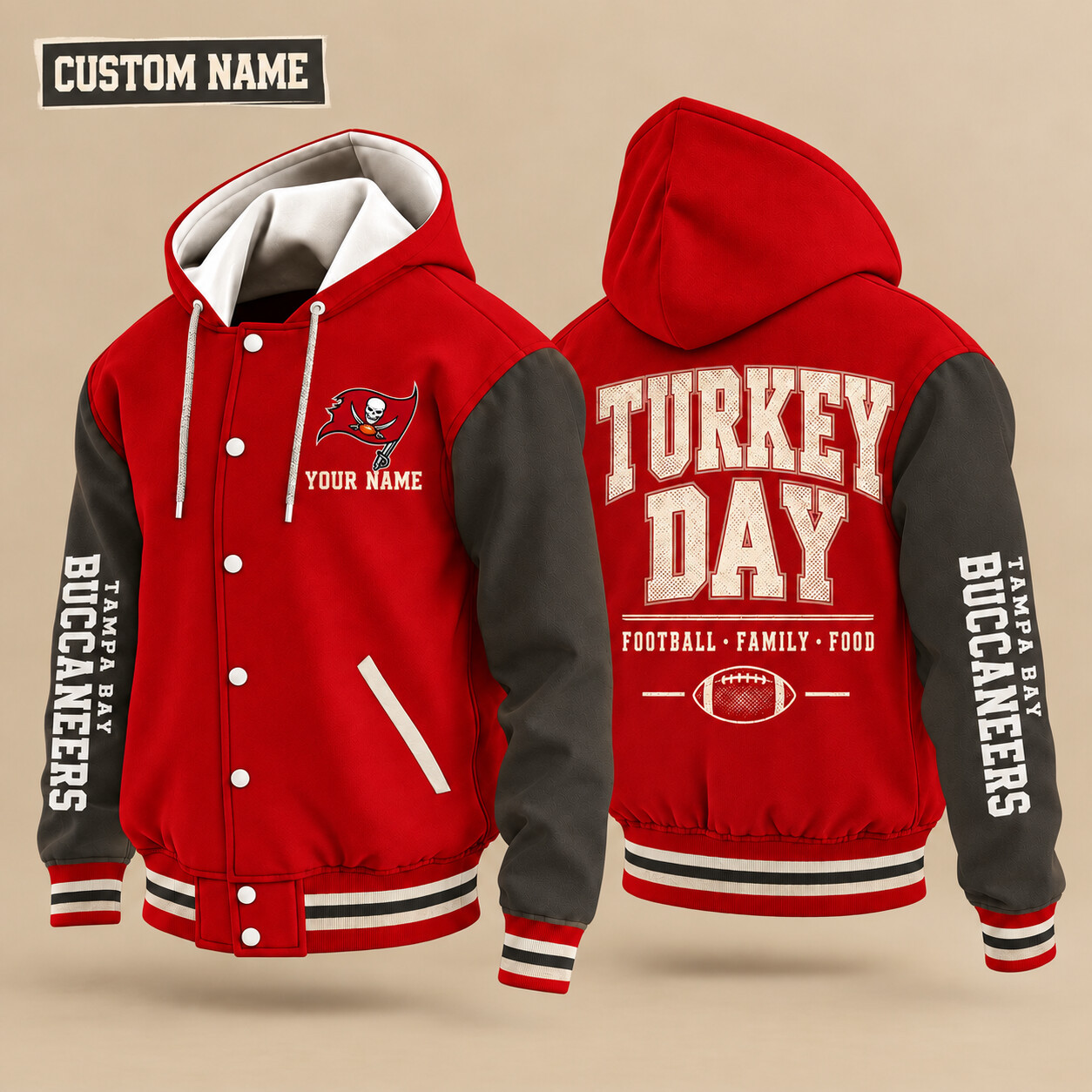 Tampa Bay Buccaneers Turkey Day Thanksgiving Hooded Letterman Jacket Custom Name PWWTHP