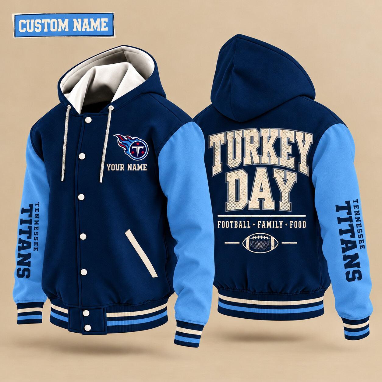 Tennessee Titans Turkey Day Thanksgiving Hooded Letterman Jacket Custom Name PAVH8O